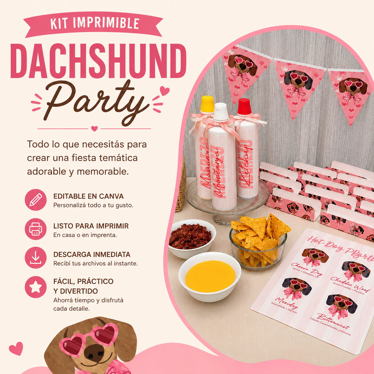 KIT IMPRIMIBLE DACHSHUND PARTY ROSA